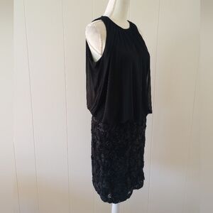 Blouson Dress Solid Black Size 12 Sleeveless Textured Rosette Floral Holiday